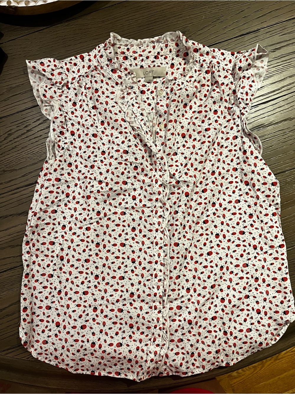 LOFT White Blouse with Red Ladybug Print and Ruffle Sleeves